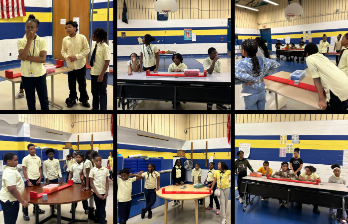 collage of pictures of groups of students standing around a table with bridge building supplies on it